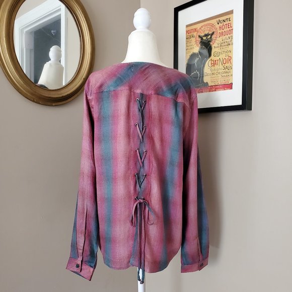 Anthro Cloth & Stone Plaid Top with Lace-Up Back M - Picture 4 of 14